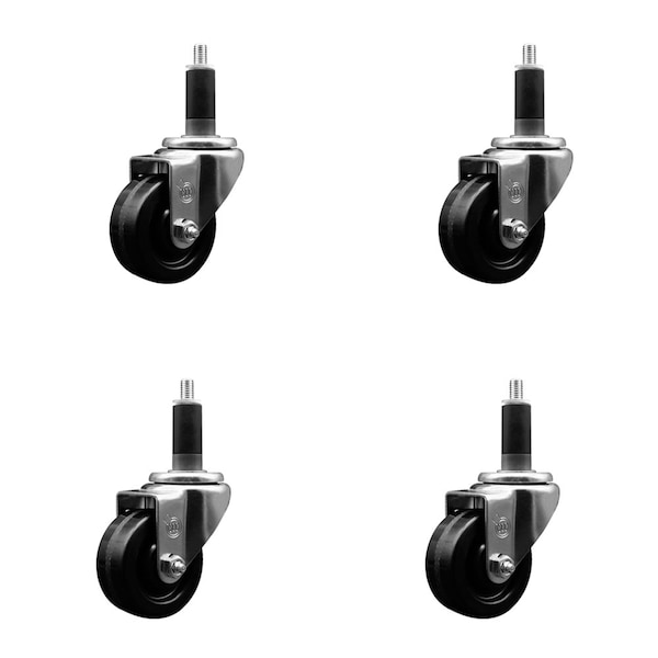 3'' SS Phenolic Wheel Swivel 1-1/8'' Expanding Stem Caster Set, 4PK